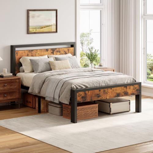 Sweetcrispy Full 14 Inch Bed Frame with Wood Headboard, Rustic Brown by Sweetcrispy