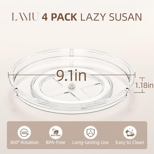 LAMU 4 Pack Lazy Susan Organizer, 9'' Clear Lazy Susan Turntable for Cabinet, Fridge, Kitchen, Pantry, Countertop, Table Top, Refrigerator Organizers and Storage, Seasoning and Spice Organizer - Image 2