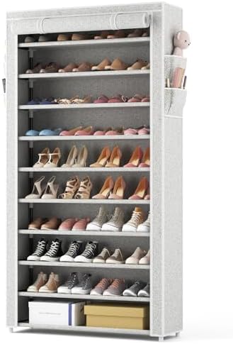 ROJASOP 10 Tier Shoe Rack with Covers Large Capacity Stackable Tall Shoe Shelf Storage for 50-55 Pairs Shoe and Boot, Sturdy Free Standing Shoe Rack Organizer for Closet, Entryway, Bedroom, Printing by ROJASOP
