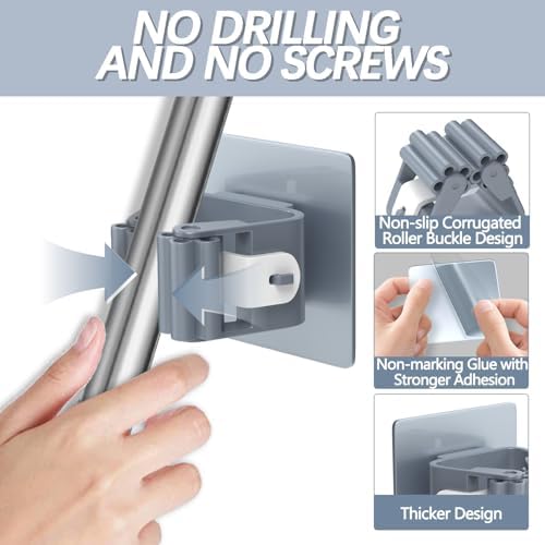 3-H 40-Pack Self Adhesive Broom Holder Wall Mount - Heavy Duty No Drill Broom Organizer for Garage Closet Kitchen, Plastic Storage Rack for Brooms Mops Tools, Grey - Image 3