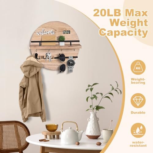 Key Holder for Wall Decorative, Key Hooks Wall Mounted with Shelf and Wooden Key Holder Round Key Hooks for Entryway Mudroom Hallway Kitchen Office (Wood) - Image 4