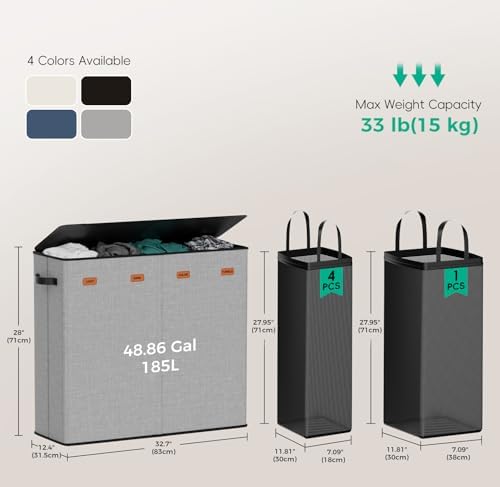 185L Laundry Hamper 4 Section with Lid & Removable Bags - Image 4