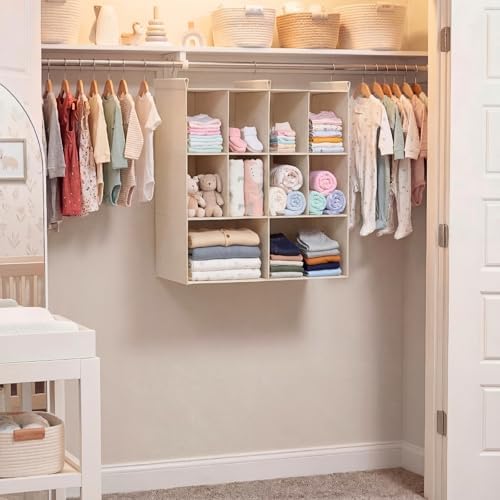 3 Tier Hanging Closet Organizer, 10 Compartments Dual Row Storage, Beige | Closet Organizers and Storage with Large & Small Pockets, 3 Sturdy Hooks Support Heavy Loads, for Dorm, RV, Garment Rack - Image 2