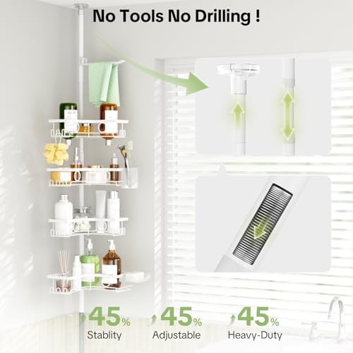 Corner Shower Caddy Tension Pole, 4 Tier Rustproof Shower Tension Rod Organizer with Soap Holder & Hooks, Adjustable 30-121 Inch Bathroom Shelf for Renters - Family Stand Storage Rack, White - Image 4