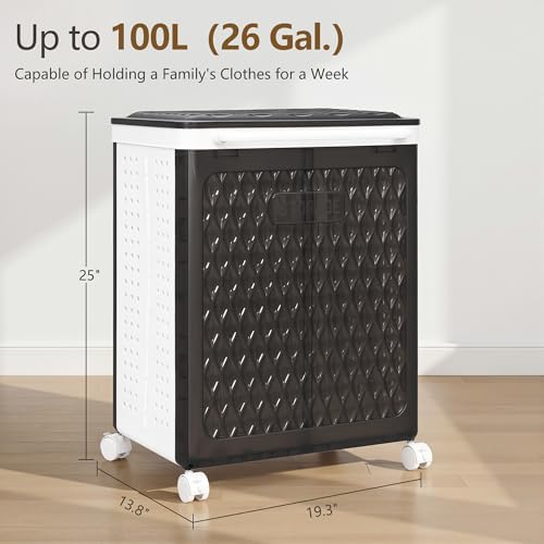 VECELO Rolling Laundry Hamper with Wheels and Lid, Foldable Plastic Laundry Basket with Handle, Rolling Divided Laundry Cart for Small Spaces, Laundry, Bathroom, Bedroom, Black - Image 3