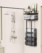Large Towel Rack & Bathroom Towel Holder - Wall Mounted Metal Rack with Wooden Floating Shelf, Small Bathroom Towel Storage, Easy Holds 6 Large Rolled Towels, Black with Brown Plank - Image 6