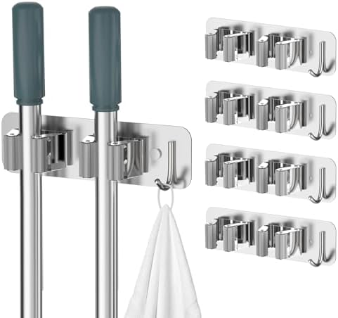 homeasy Wall Mount Mop and Broom Holder, Heavy Duty Stainless Steel Organizer Rack with Hooks | 4-Pack, 2-in-1 No Drill & Screw Installation, Silver by HOMEASY