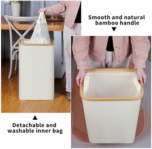 iEGrow Slim Laundry Hamper,75L Beige Narrow Laundry Basket with Lid,Foldable Clothes Hamper with Bamboo Handles,Hamper Basket with Removable Inner Bag for Laundry Room Bedroom College Dorm - Image 4