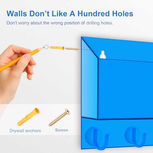 Acrylic Key Holder Wall Mount Mail Organizer for Wall with Shelf Storage Drawer and 5 Hooks, Blue - Image 5