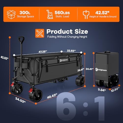 Originsure 300L Beach Wagons Carts Foldable with Big Wheels, 560lbs, Grey - Image 2