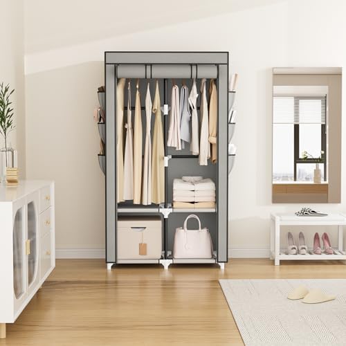 VTRIN Portable Closet Wardrobe for Hanging Clothes with 4 Storage Shelves, 2 Hanging Rods and 6 Pockets, Stable and Easy Assembly Clothes Rack with Cover Free Standing Closet for Bedroom, Grey - Image 2