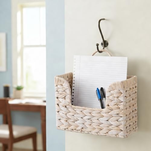 PINXIURY Magazine Holder Wall Basket Water Hyacinth Woven Mail Organizer, Wicker Wall Hanging Baskets for Magazines, Letters & Storage Decorative Mail Holder, Magazine Rack, Hanging Basket, Whitewash - Image 6