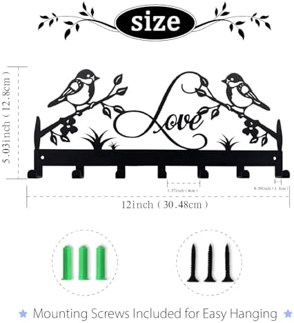 Metal Key Holder, Wall Mounted Key Hooks, Key Holder for Wall, Key Organizer Rack with 7 Hooks, Key Hanger Decor for Kitchen, Entryway, Hallway, Bedroom, Doorway (Birds 12IN) - Image 2