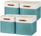 Temary Fabric Storage Cubes 13x13 Storage Baskets for Organizing, 4Pack Large Fabric Storage Bins with Handles Cube Storage Baskets for Storage Clothes, Books (White&Teal) by TEMARY