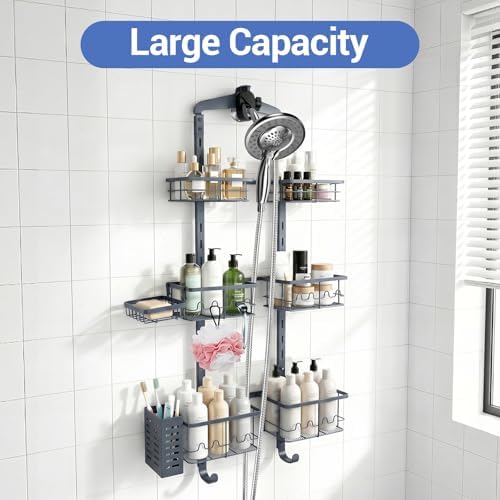 Extra Large Shower Caddy Hanging, Rust-Resistant Shower Organizer Hanging,3 Tier Height-Adjustable Over the Head Caddy,Rack with Soap Basket (Gray) - Image 2