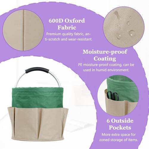 Set of 2 Foldable Cleaning Caddy for Cleaning Supplies, 17L Household Tool Bucket Organizer for Men, Large Cleaning Basket in 600D Oxford Fabric for Travel, Garden, Khaki with Green - Image 7