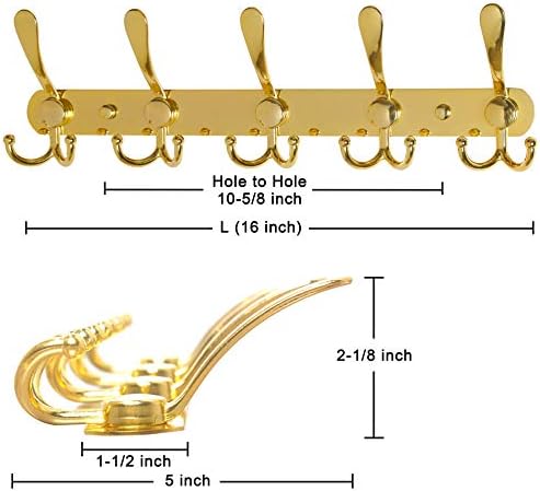 Dseap Coat Rack Wall Mounted - 5 Tri Hooks, Heavy Duty, Stainless Steel, Metal Coat Hook Rail for Coat Hat Towel Purse Robes Mudroom Bathroom Entryway (Gold, 2 Packs) - Image 3
