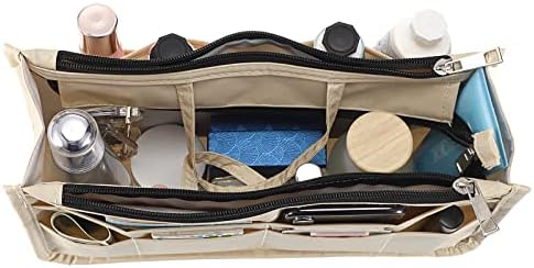 BTSKY Printing Handbag Organizers Inside Purse Insert - High Capacity 13 Pockets Bag Tote Organizer with Handle Beige - Image 2