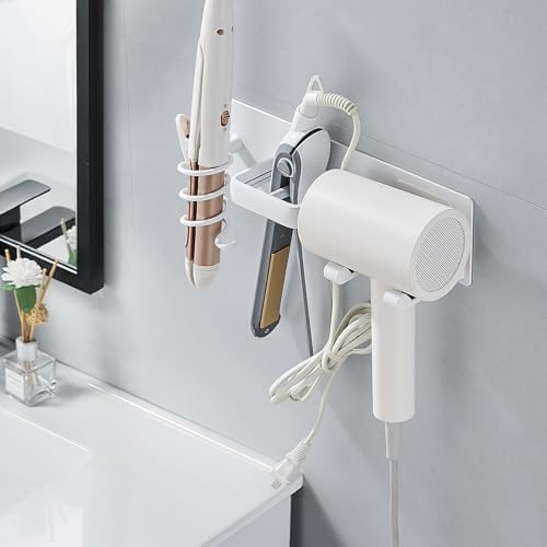 Hair Dryer Holder Wall Mounted,Blow Dryer, Curling Iron, Straightener Holder 3 in 1 Bathroom Metal Hair Tool Organizer Rack-Matte White-2 - Image 3