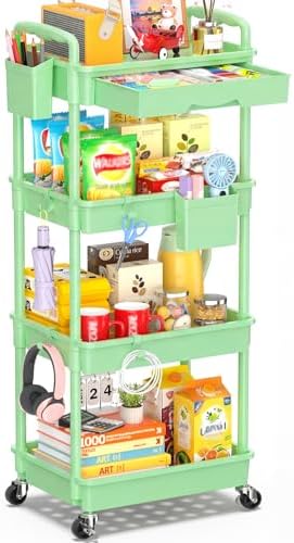 SUNALLY 4 Tier Rolling Cart with Drawer, Craft Storage Cart Organizer,Green by SUNALLY