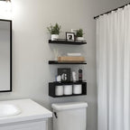 WOPITUES Floating Shelves for Wall with Cube Shelf, Wall Shelves with Metal Rail for Bathroom Decor, Bathroom Organizers and Storage, Over Toilet Shelves for Toilet Paper-Black (Pack of 2) - Image 2