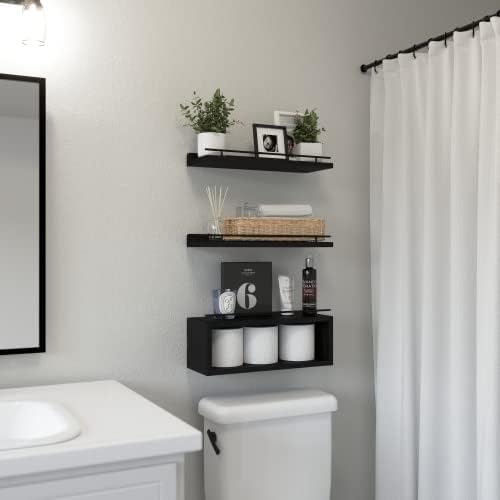 WOPITUES Floating Shelves for Wall with Cube Shelf, Wall Shelves with Metal Rail for Bathroom Decor, Bathroom Organizers and Storage, Over Toilet Shelves for Toilet Paper-Black (Pack of 2) - Image 2