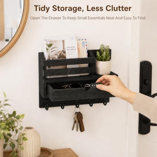Key Holder Wall Mount, Wooden Mail Holder with Storage Drawer and 5 Key Hooks for Keys, Coats and Dog Leash, Entryway Wall Organizer (Black) - Image 5