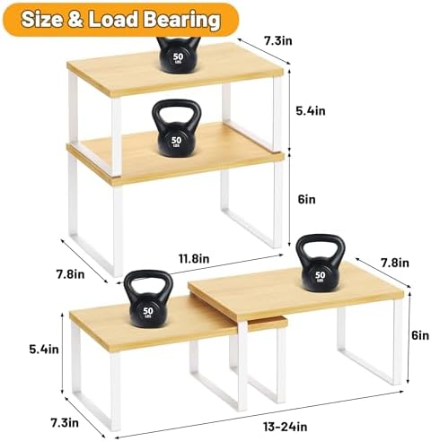 Kitchen Cabinet Organizer Shelf Set of 4, Sturdy Kitchen Counter Shelves with Metal Legs, Stackable Expandable Wood Spice Rack Pantry Cupboard Dish Mug Cup Storage Organizer Shelf,White+Bamboo - Image 5