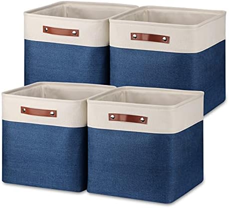 Temary Blue Storage Baskets for Shelves 13 Inch Cube Storage Bins 4Pack Fabric Cubes Basket with Handles for Organizing Shelf Baskets for Home Office Closet (White&Blue) by TEMARY