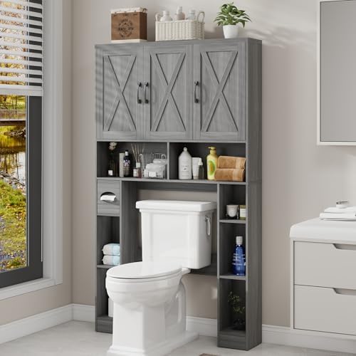 Vabches Over The Toilet Storage Cabinet with 3 Barn Doors.Wash Grey - Image 7