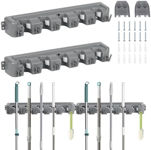 HOME MASTER HARDWARE (2 Pack 16 in Broom Mop Holder Garage Storage Organizer with 5 Racks 6 Hooks Adjustable Wall Mounted Storage Tool for Lanudry Garage Kitchen Garden by HOME+MASTER+HARDWARE
