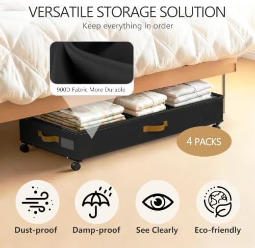 Under Bed Storage with Wheels 2-Pack, 75L XXL Under the Bed Storage Containers Large, 12" Tall Adjustable Storage for Underbed with Lids, Rolling for Clothes, Shoes, Blankets (4PCS-Black) - Image 5