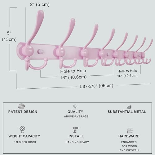Dseap Coat Rack Wall Mount - 38” Long 10-Tri-Hooks Heavy Duty Coat Hanger Rail Wall Hooks for Hanging Coats Hats Clothing Clothes Purse Mudroom Entryway, Pink - Image 6