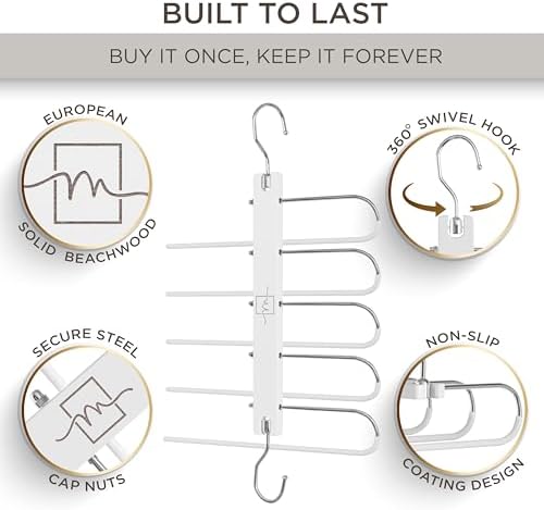 MORALVE Pants Hangers Space Saving - 2 Pack European Beechwood Scarf and Jean Hangers - Closet Organizer and Space Saver Pant Rack, Leggings Hanger, and Scarf Holder with 360° Swivel Hook - Image 2