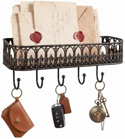 Vintage Key Holder Shelf Wall Mount Metal Mail Rack with 5 Hooks, Black - Image 2