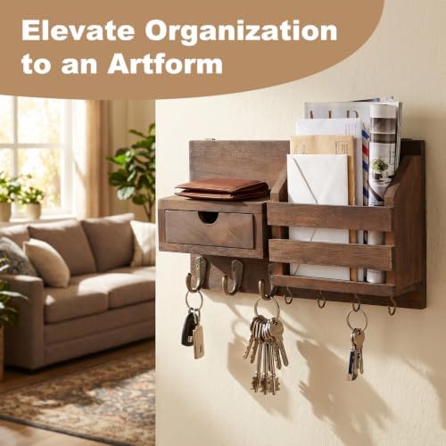 Wall Mount Key Holder with Mail Organizer Mail and Key Organizer with 7 Metal Hooks Storage Drawer Small Shelf Entryway Home Decor Rack Entry WayOrganizer for Coat Dog Leash - Image 3