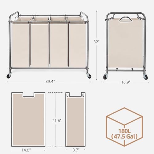 STORAGE MANIAC Laundry Sorter 4 Section, 47.5 Gal (180 L) Laundry Hamper with Wheels, Clothes Divider Basket Sorter, Separator Hamper Cart with Removable Bags, Beige - Image 3