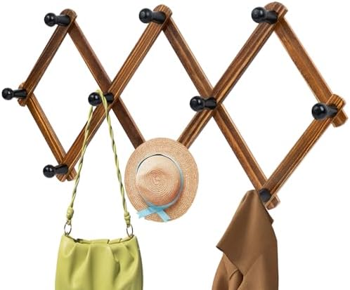 Accordion Wall Hanger, Wood Expandable Wall Mounted Hanger with 10 Hooks for Coats,Hats,Coffee Mug Ect,1 Pack Included,10 Pegs, Walnut Color,Retro Style by Unknown