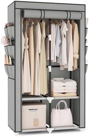 VTRIN Portable Closet Wardrobe for Hanging Clothes with 4 Storage Shelves, 2 Hanging Rods and 6 Pockets, Stable and Easy Assembly Clothes Rack with Cover Free Standing Closet for Bedroom, Grey by VTRIN