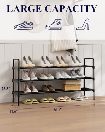 Kitsure Long Shoe Rack for Closet, 36.1" Wide - 3 Tiers, Black | Shoe Organizer for Front Door Entrance, Stackable Shoe Shelf, Closet Organizers and Storage - Image 2
