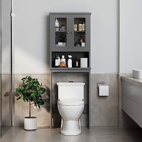 Over the Toilet Storage Cabinet, Bathroom Storage Cabinet Over Toilet, Space Saver with 2 Tempered Glass Doors, Grey - Image 3