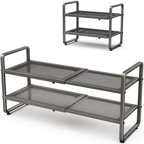 SNTD Expandable Metal Shoe Rack for Closet, Entryway & Garage, 2-Tier, Grey | Adjustable Height for Boots, Stackable Design, Dense Mesh Shelves for Heels, Fits Small Spaces, Apartments and Rentals by SNTD