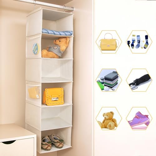 BrilliantJo 6 Shelves Hanging Closet Organizer, 2 Pack Hanging Storage with 4 Side Pockets for Clothes Shoes, 43.5"x12"x12"(Beige) - Image 4