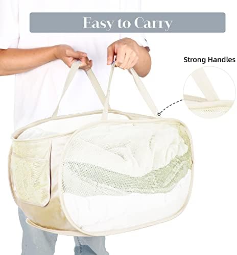 Durable Collapsible Laundry Baskets, Mesh Pop Up Laundry Hamper with Side Pocket, Foldable Clothes Storage Hamper with Reinforced Carry Handles for Laundry, Bathroom, Kids Room, Dorm or Travel Beige - Image 5
