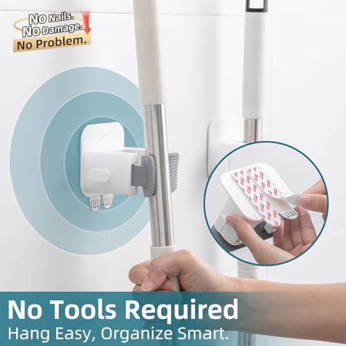 TAILI Mop and Broom Holder Wall Mount Grippers, 3 Hangers and 8 Adhesive Strips, Damage Free Hanging Wall Mount, Household Cleaning Organizer for Organization and Storage, Holds up to 4 lbs, Grey - Image 2