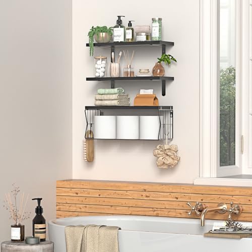 Floating Bathroom Shelves Wall Mounted - Wooden Shelf Set of 3 for Over Toilet Storage & Farmhouse Bathroom Decor - Perfect Shelving Organizer for Apartments RVs Powder Room Restroom - Rustic - Image 4
