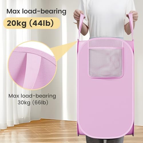 Polyester Strong Mesh Pop-up Laundry Hamper, Quality Pop Up Hampers for Laundry with Durable Handles Solid Bottom High Carbon Steel Frame, Easy to Open and Fold Flat for Storage(Light Pink) - Image 3