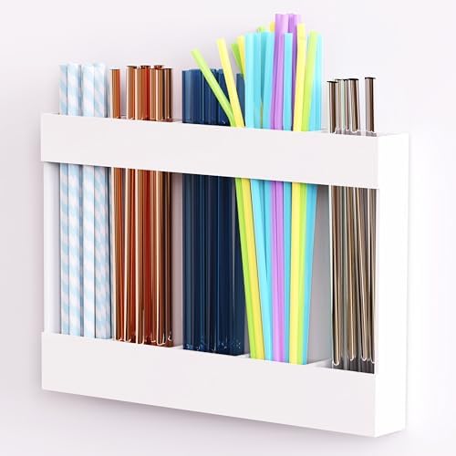 Acrylic Straw Holder & Organizer - Compact, Adhesive Tape Included for Easy Installation - Perfect for Countertops, Cabinets, or Kitchen Storage (White-5 Compartments) by ENESNES