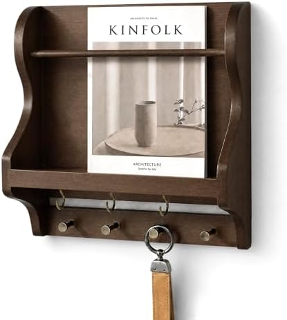 Pine Wood Mail Organizer Wall Mount with 7 Key Hooks for Entryway, Brown by REBEEVISION