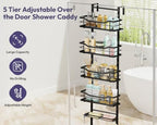 SWTYMIKI Over the Door Shower Caddy - 5 Tier Adjustable Shower Organizer Hanging with Soap Holder, No Drilling Stainless Steel Bathroom Rack Hanging for Body Wash, Shampoo, Soap, Razor, Black - Image 2